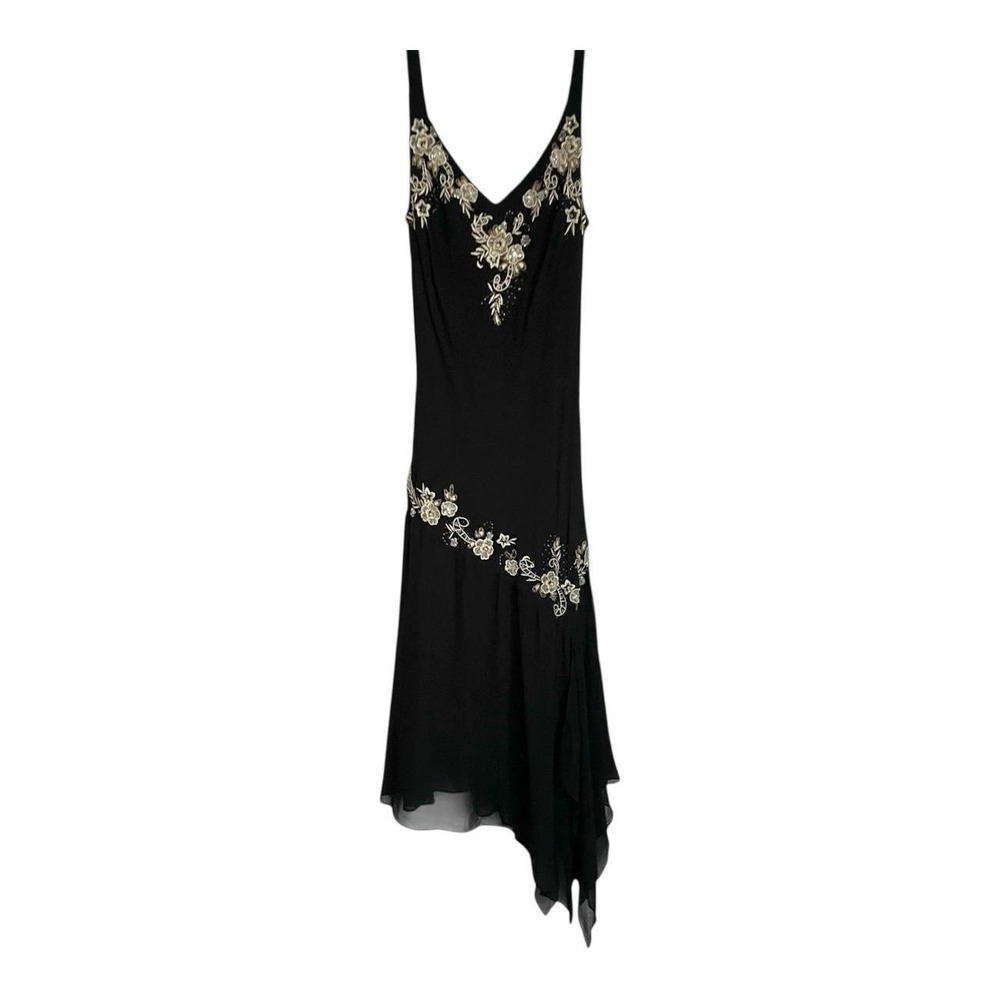 Vintage Y2k Beaded Embroidered Floral Asymmetrical Midi Dress Fairy Grunge Sz 8